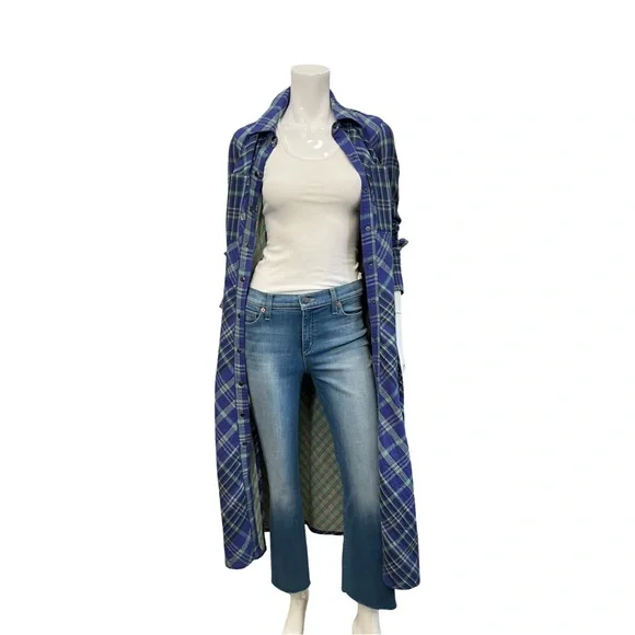 FREE PEOPLE We The Free Ruth Long Plaid Shirt Dress Cobalt Combo Maxi Size 2 - Picture 5 of 8